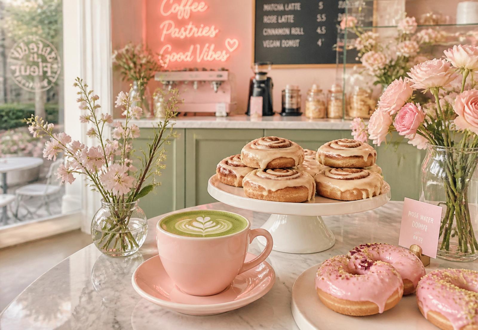 Pastel pink café interior with cinnamon scrolls, a matcha latte and fresh flowers